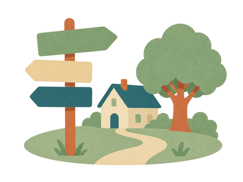 An illustration of a home with a tree and a signpost in the garden.