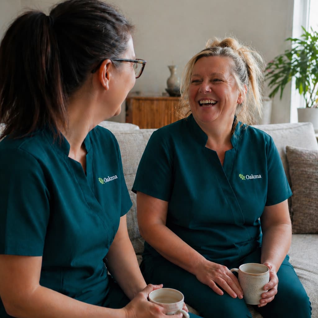 Two Oakma carers talking and laughing together